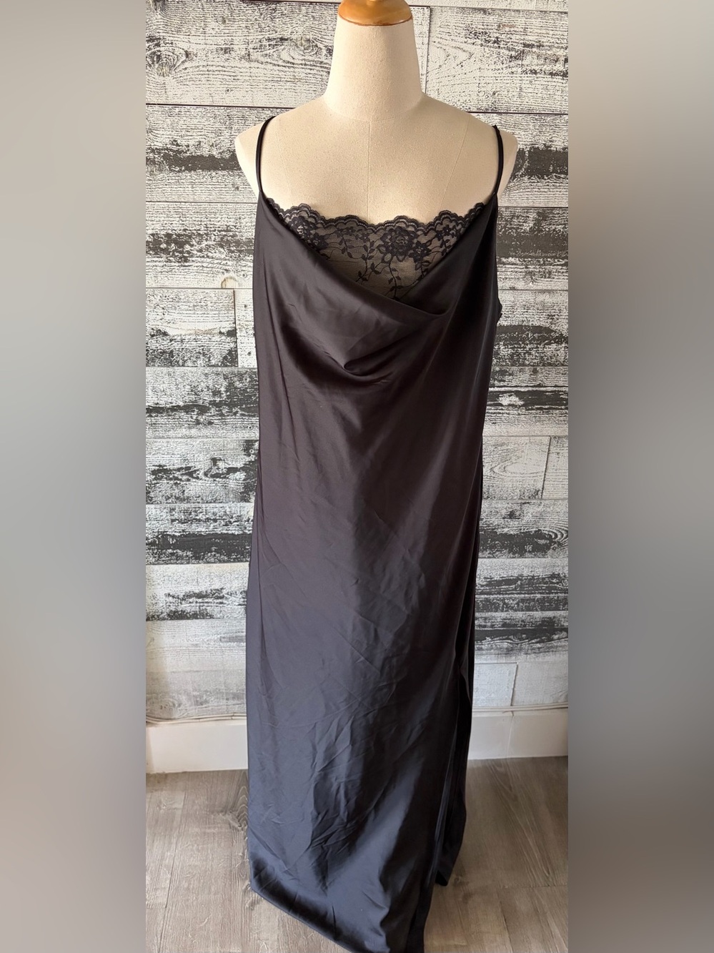 Forever 21 Black Lace-Trim Cowl Neck Maxi Slip Dress